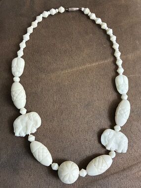 Milk Glass Carved white shapes Beads including elephants vintage necklace